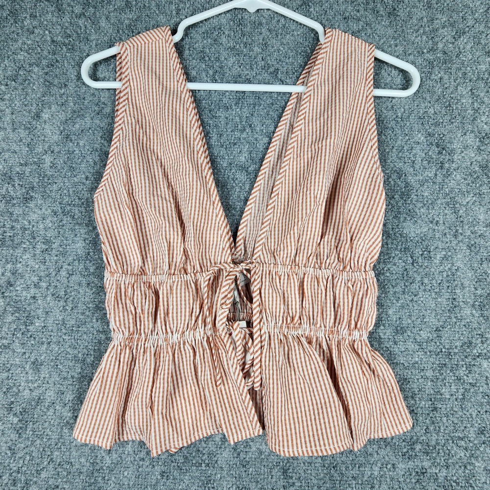 WAYF Womens XS Striped Peplum Top Rust Orange White V-Neck Smocked‎ Waist NWT